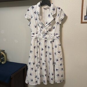 eShakti women's Sz 10 Sparrow print shirt dress with pockets, has imperfections